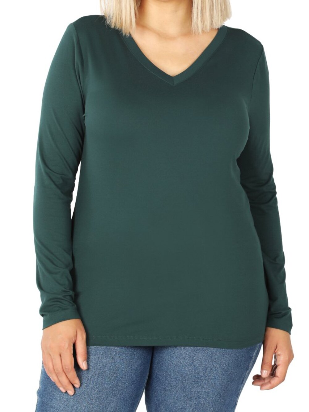 Plus Size Brushed DTY Microfiber Long Sleeve V‑Neck Tee – Buttery Soft Stretch